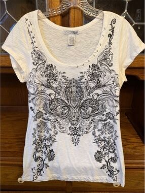 RXB Y2K Fleur De Lis Rhinestone Studded Tee Lace Up Grunge Bling White L
